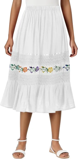 Mexican Skirts for Women Lace Floral Embroidered High Waist Ruffle A-Line Midi Skirt Summer Casual Beach