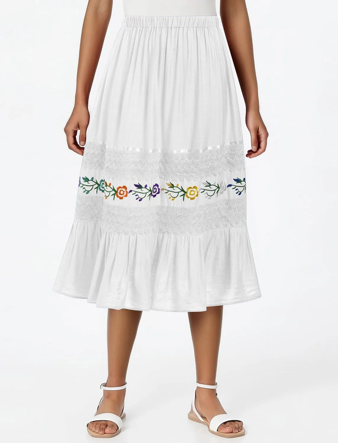 Mexican Skirts for Women Lace Floral Embroidered High Waist Ruffle A-Line Midi Skirt Summer Casual Beach