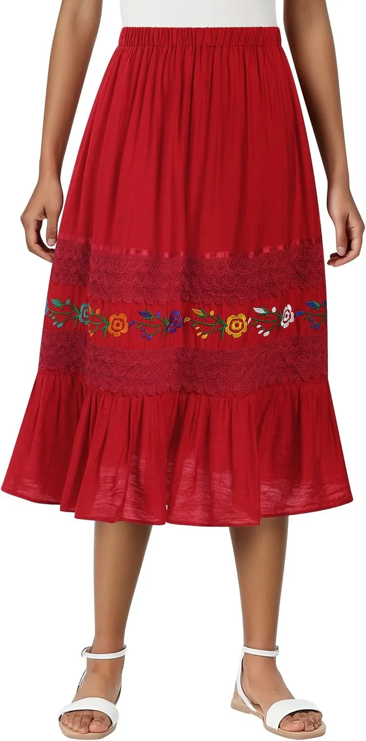 Mexican Skirts for Women Lace Floral Embroidered High Waist Ruffle A-Line Midi Skirt Summer Casual Beach
