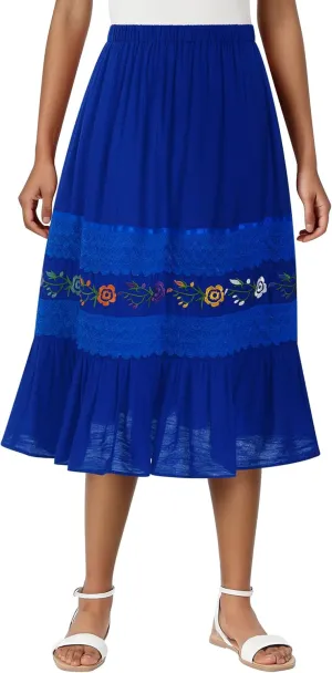 Mexican Skirts for Women Lace Floral Embroidered High Waist Ruffle A-Line Midi Skirt Summer Casual Beach