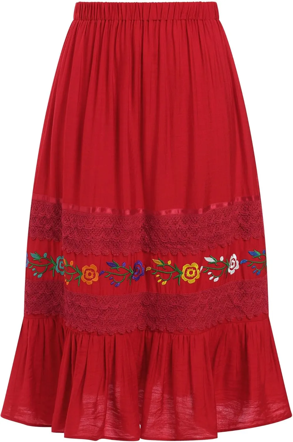 Mexican Skirts for Women Lace Floral Embroidered High Waist Ruffle A-Line Midi Skirt Summer Casual Beach