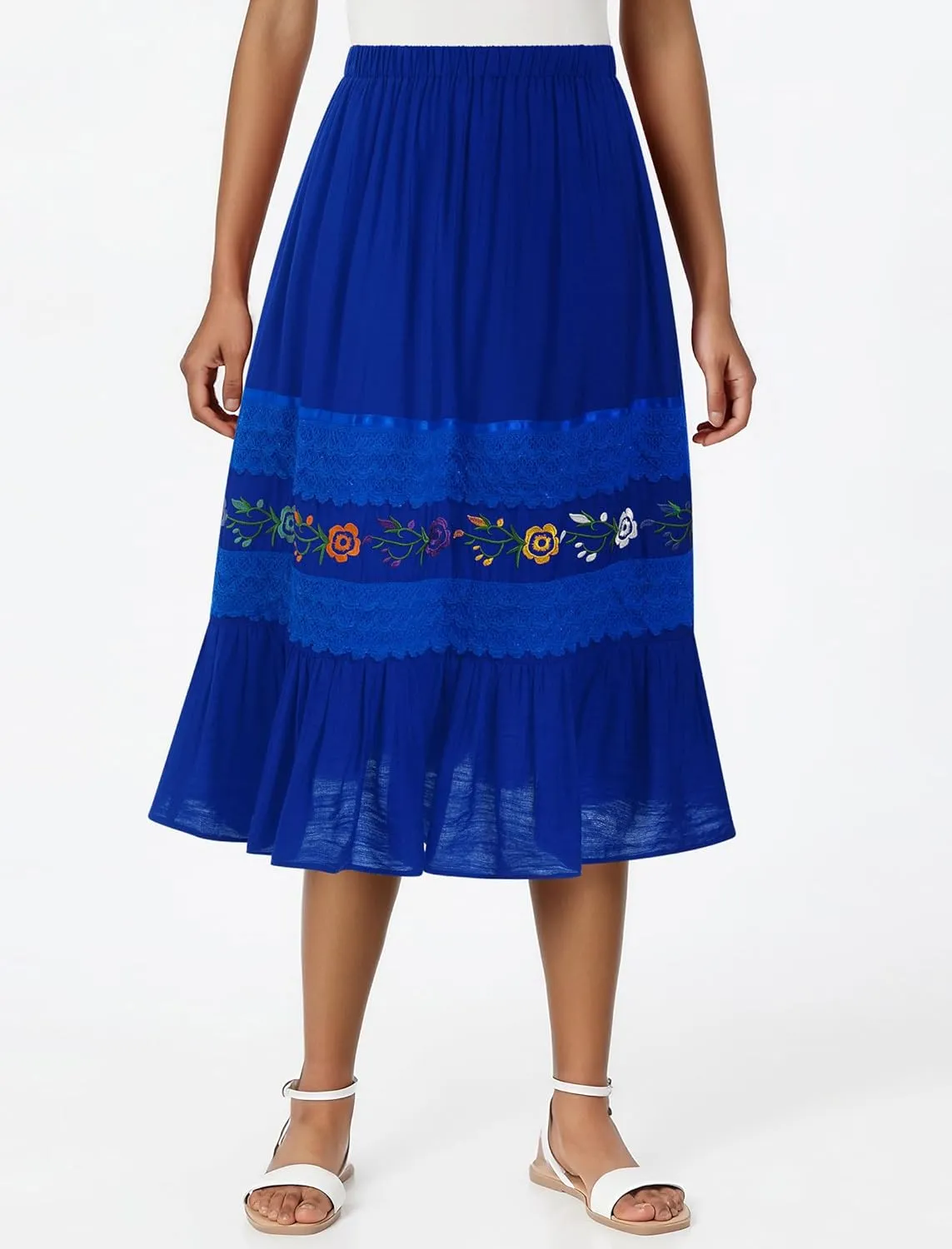 Mexican Skirts for Women Lace Floral Embroidered High Waist Ruffle A-Line Midi Skirt Summer Casual Beach