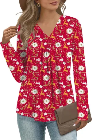 Micoson Womens Casual Long Sleeve Shirts Pleated Button V Neck Tunic Tops Spring 2025