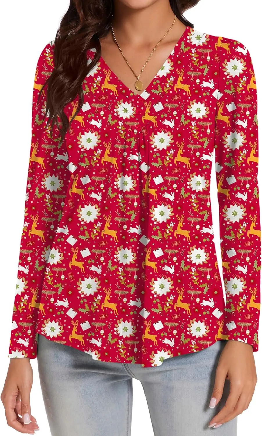 Micoson Womens Casual Long Sleeve Shirts Pleated Button V Neck Tunic Tops Spring 2025