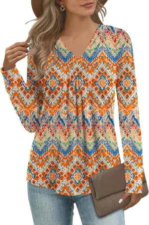 Micoson Womens Casual Long Sleeve Shirts Pleated Button V Neck Tunic Tops Spring 2025