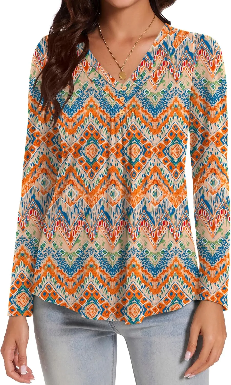 Micoson Womens Casual Long Sleeve Shirts Pleated Button V Neck Tunic Tops Spring 2025