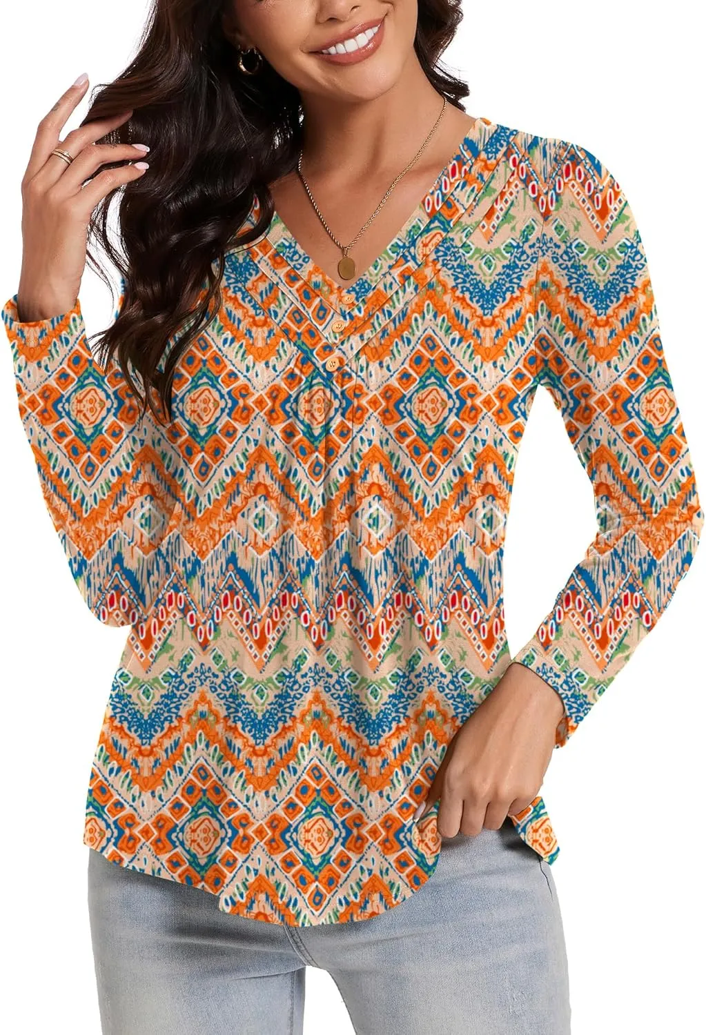 Micoson Womens Casual Long Sleeve Shirts Pleated Button V Neck Tunic Tops Spring 2025