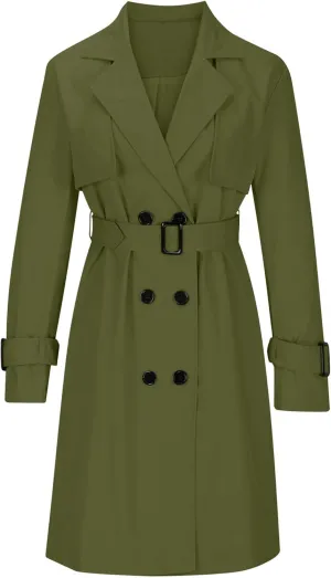 Mid Long Trench Coat for Women Double Breasted Classic Lapel Windproof Overcoat Fashion Outerwear with Belt