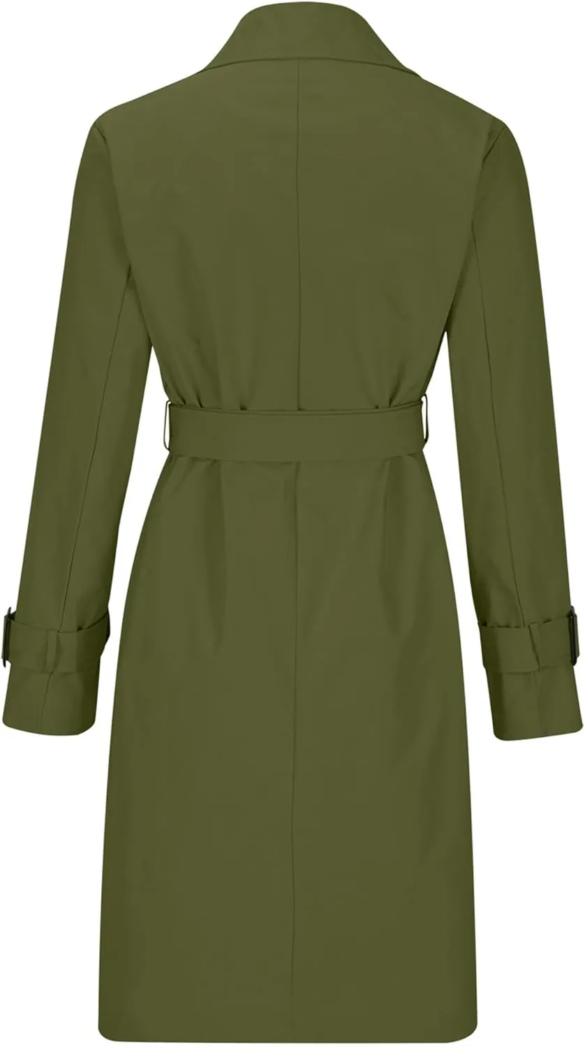 Mid Long Trench Coat for Women Double Breasted Classic Lapel Windproof Overcoat Fashion Outerwear with Belt