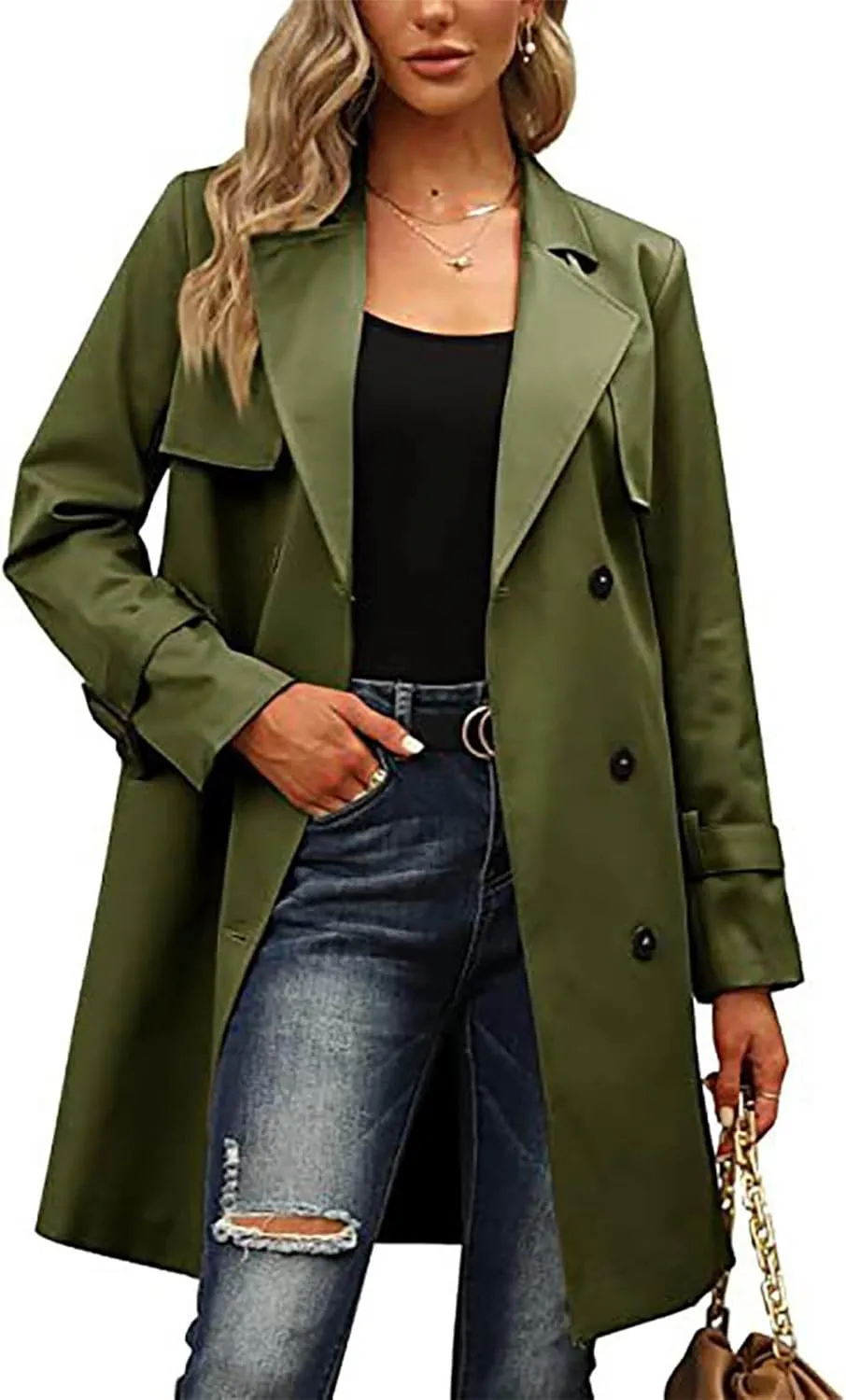 Mid Long Trench Coat for Women Double Breasted Classic Lapel Windproof Overcoat Fashion Outerwear with Belt
