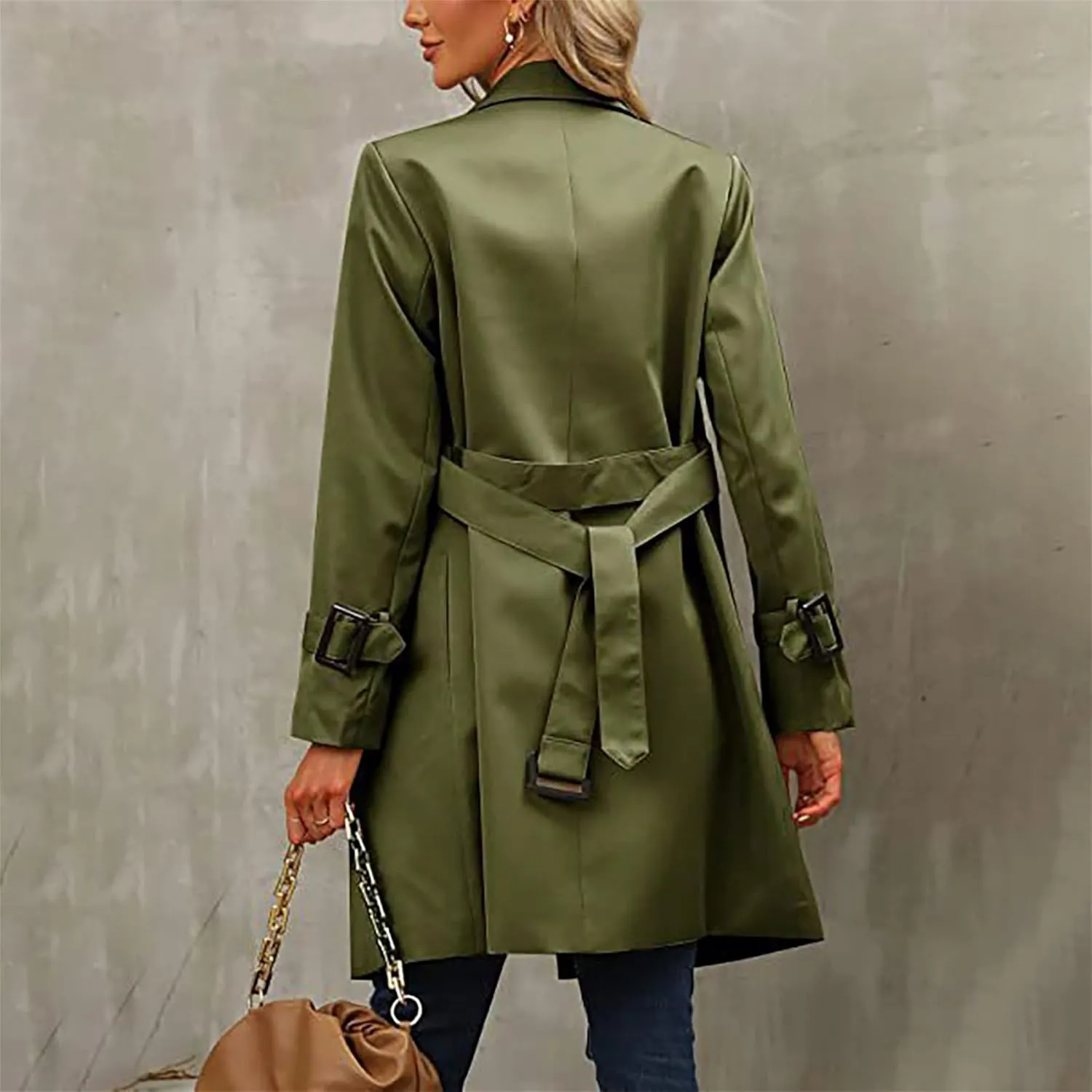 Mid Long Trench Coat for Women Double Breasted Classic Lapel Windproof Overcoat Fashion Outerwear with Belt