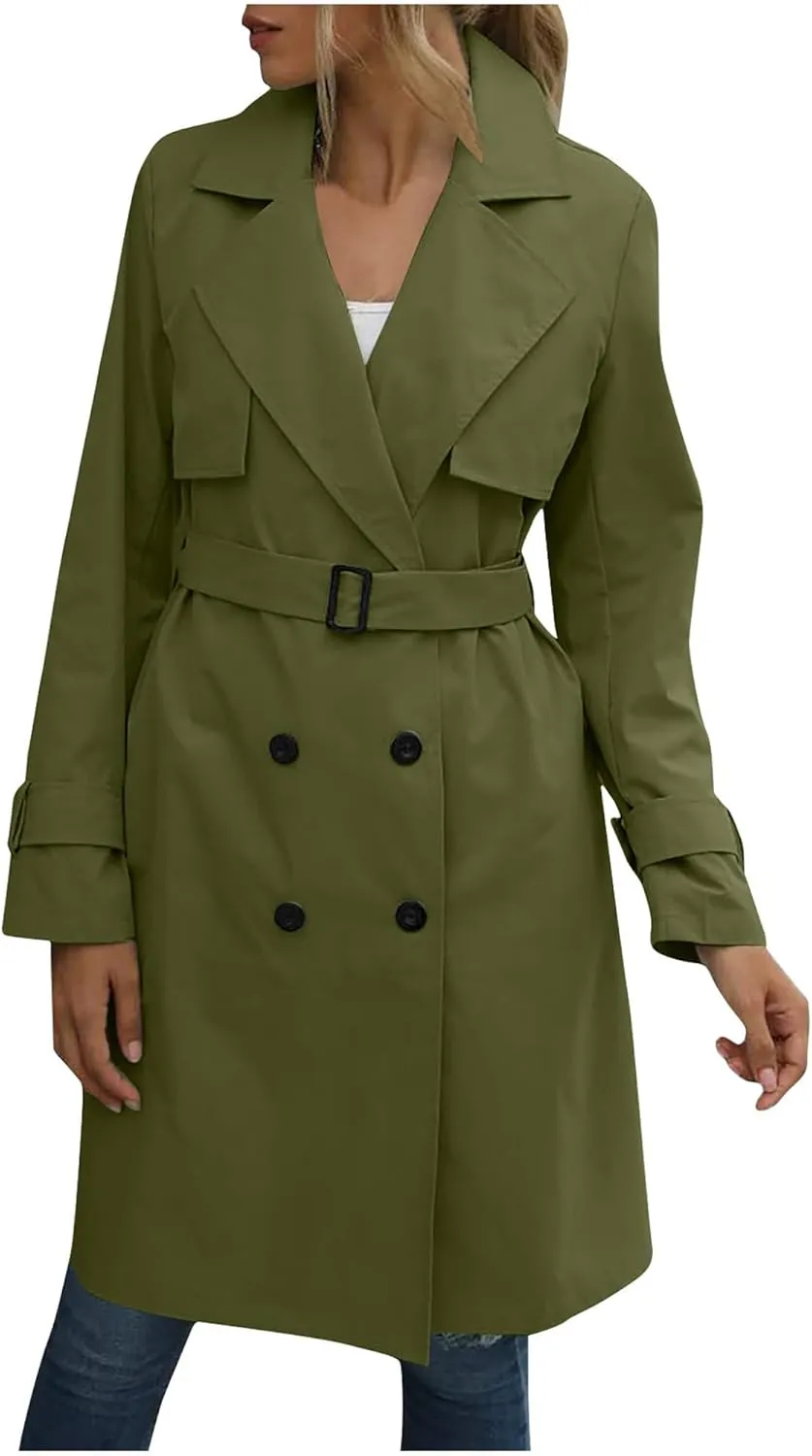 Mid Long Trench Coat for Women Double Breasted Classic Lapel Windproof Overcoat Fashion Outerwear with Belt