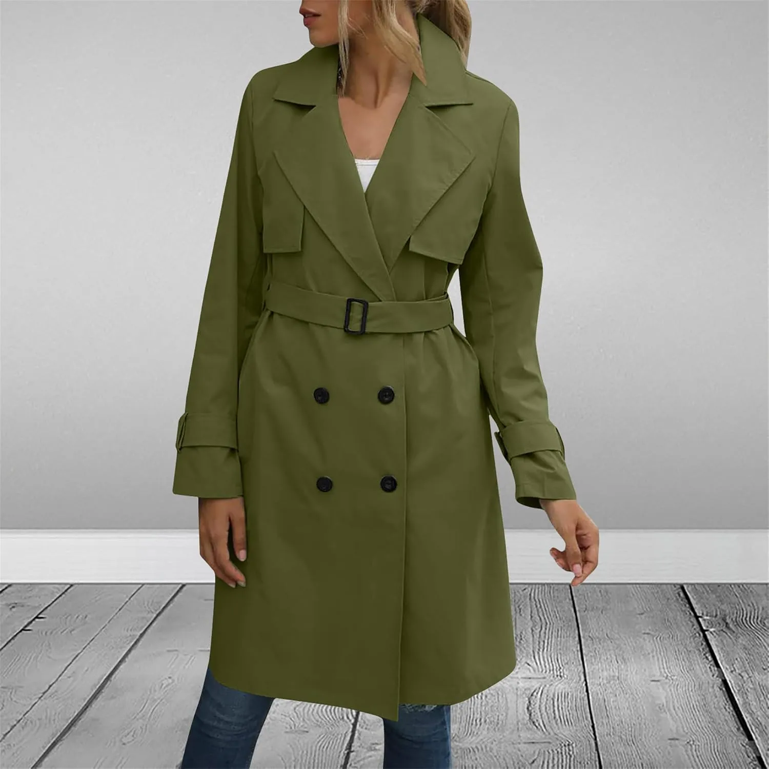 Mid Long Trench Coat for Women Double Breasted Classic Lapel Windproof Overcoat Fashion Outerwear with Belt
