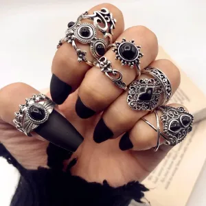 Midi Ring Set - Witchy Rings - Goth Jewelry- Black Rings - Gothic - - Black Crystal - Vintage Jewelry - Skull