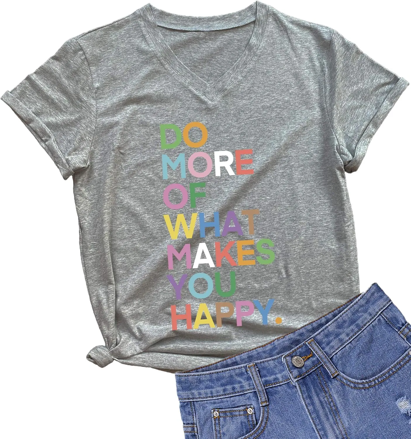 MIMOORN Womens Fun Happy Graphic Tees Summer Cute Letter Printed T-Shirts