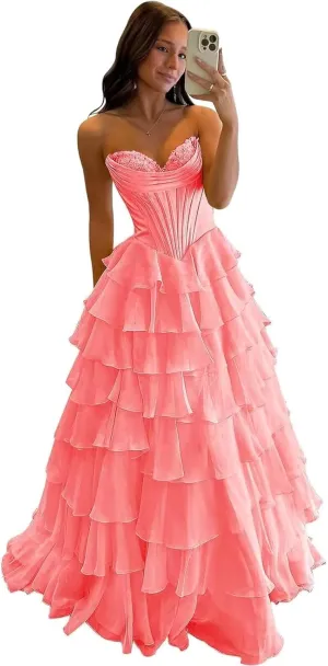 MiwiNovia Strapless Prom Dresses for Women 2025 Chiffon Layered Formal Evening Dress A Line Corset Party Gowns with Slit PA11