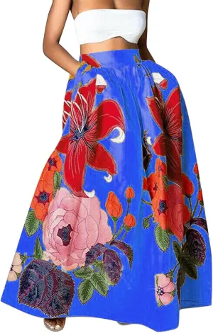 Miyaomn Women's Boho Floral Printed Maxi Skirt Summer Beach High Waisted Mopping Floor Length A Line Long Skirts with Pockets