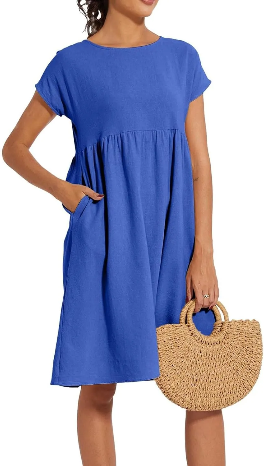 Miyaomn Women's Summer Midi Dresses Casual Cap Sleeve Crewneck A Line Swing Flowy Beach Sundress with Pockets T Shirts Dress