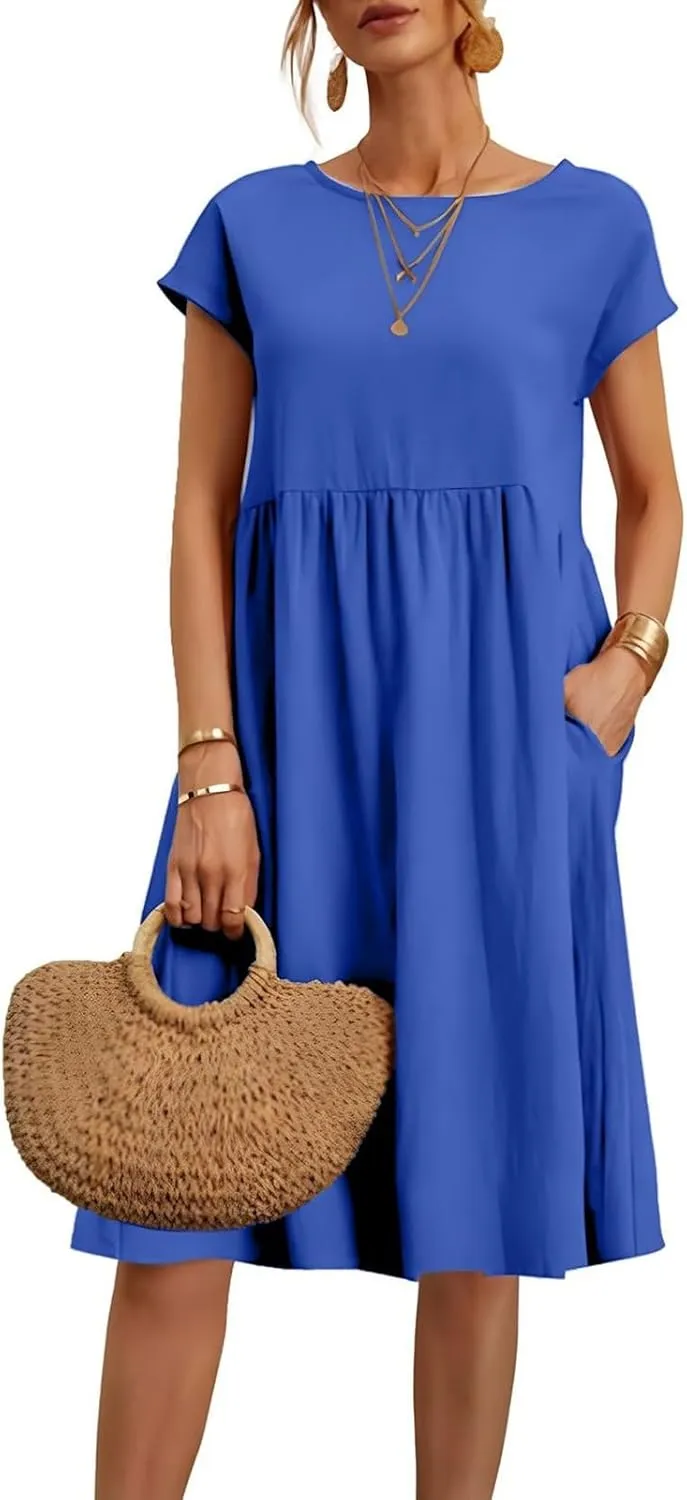 Miyaomn Women's Summer Midi Dresses Casual Cap Sleeve Crewneck A Line Swing Flowy Beach Sundress with Pockets T Shirts Dress