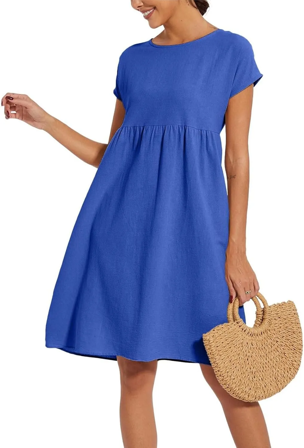 Miyaomn Women's Summer Midi Dresses Casual Cap Sleeve Crewneck A Line Swing Flowy Beach Sundress with Pockets T Shirts Dress