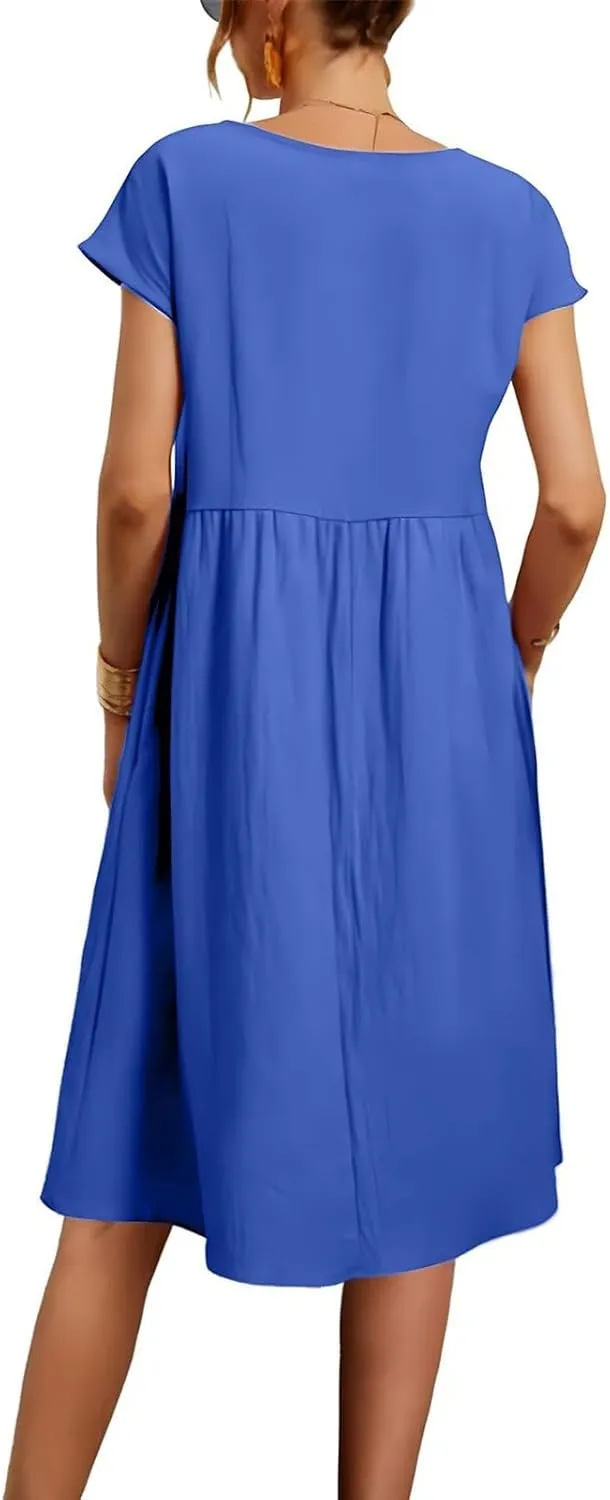 Miyaomn Women's Summer Midi Dresses Casual Cap Sleeve Crewneck A Line Swing Flowy Beach Sundress with Pockets T Shirts Dress