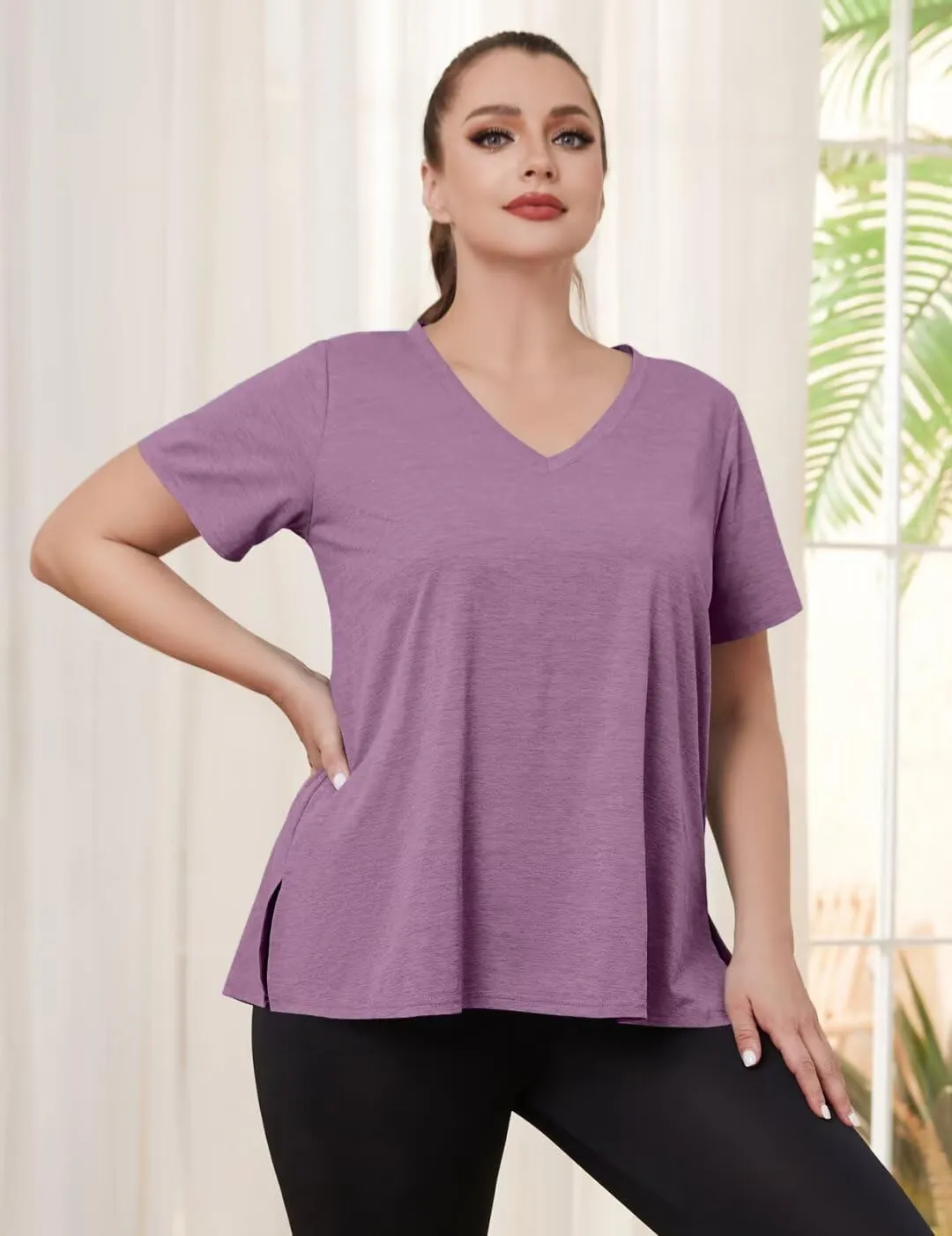 MONNURO Womens Plus Size Tops V-Neck Short Sleeve T Shirt Casual Loose Side Split Blouses