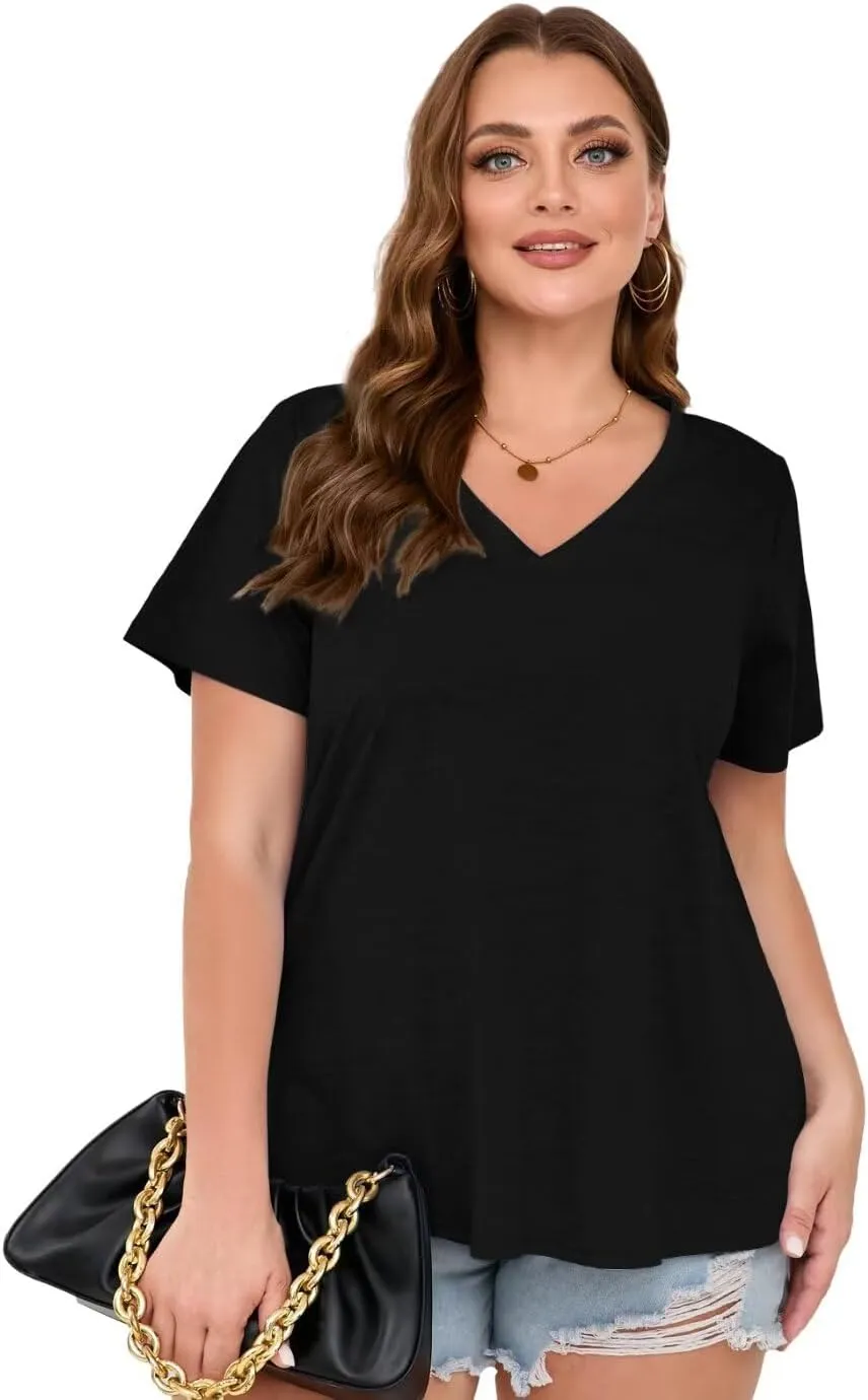 MONNURO Womens Plus Size Tops V-Neck Short Sleeve T Shirt Casual Loose Side Split Blouses