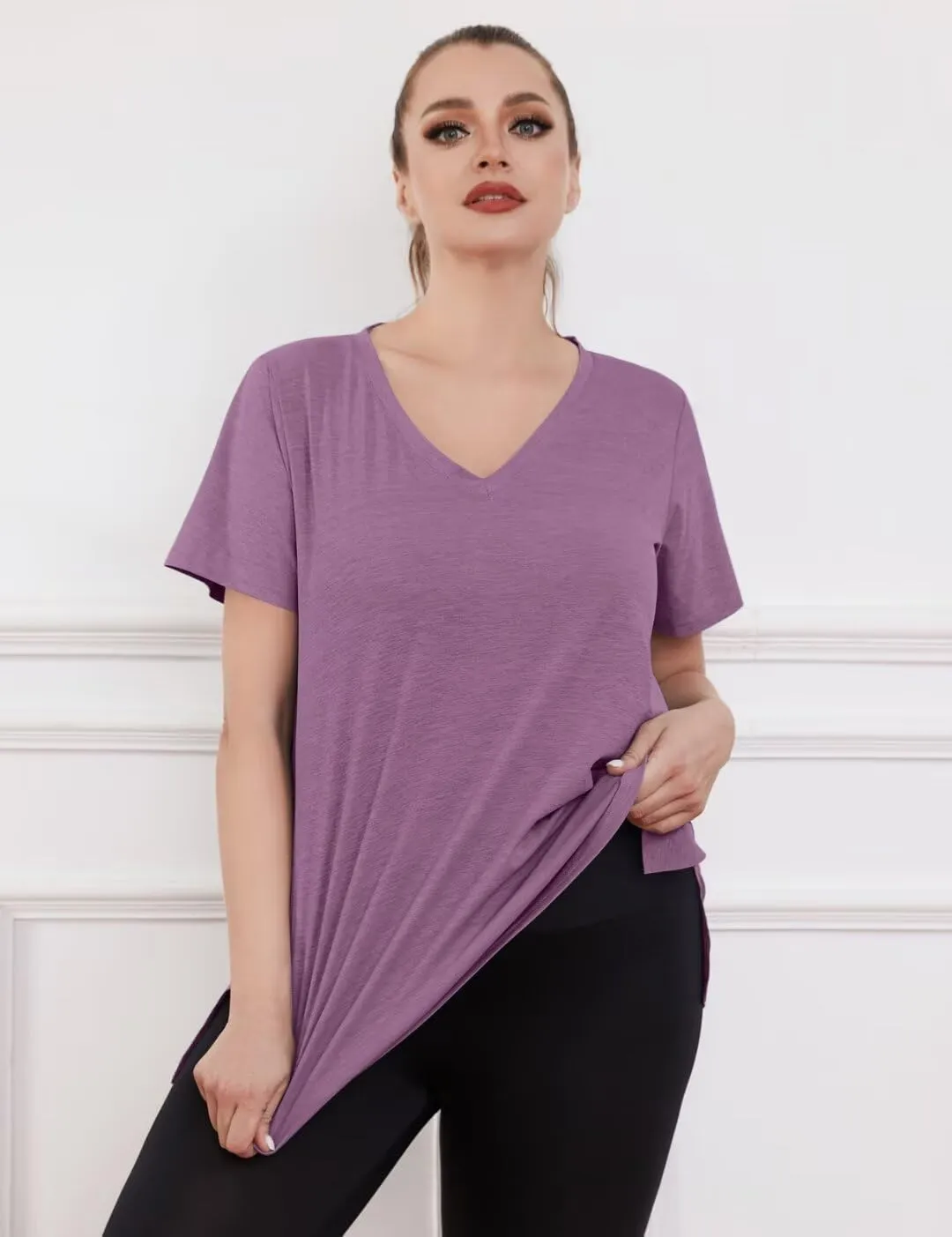 MONNURO Womens Plus Size Tops V-Neck Short Sleeve T Shirt Casual Loose Side Split Blouses
