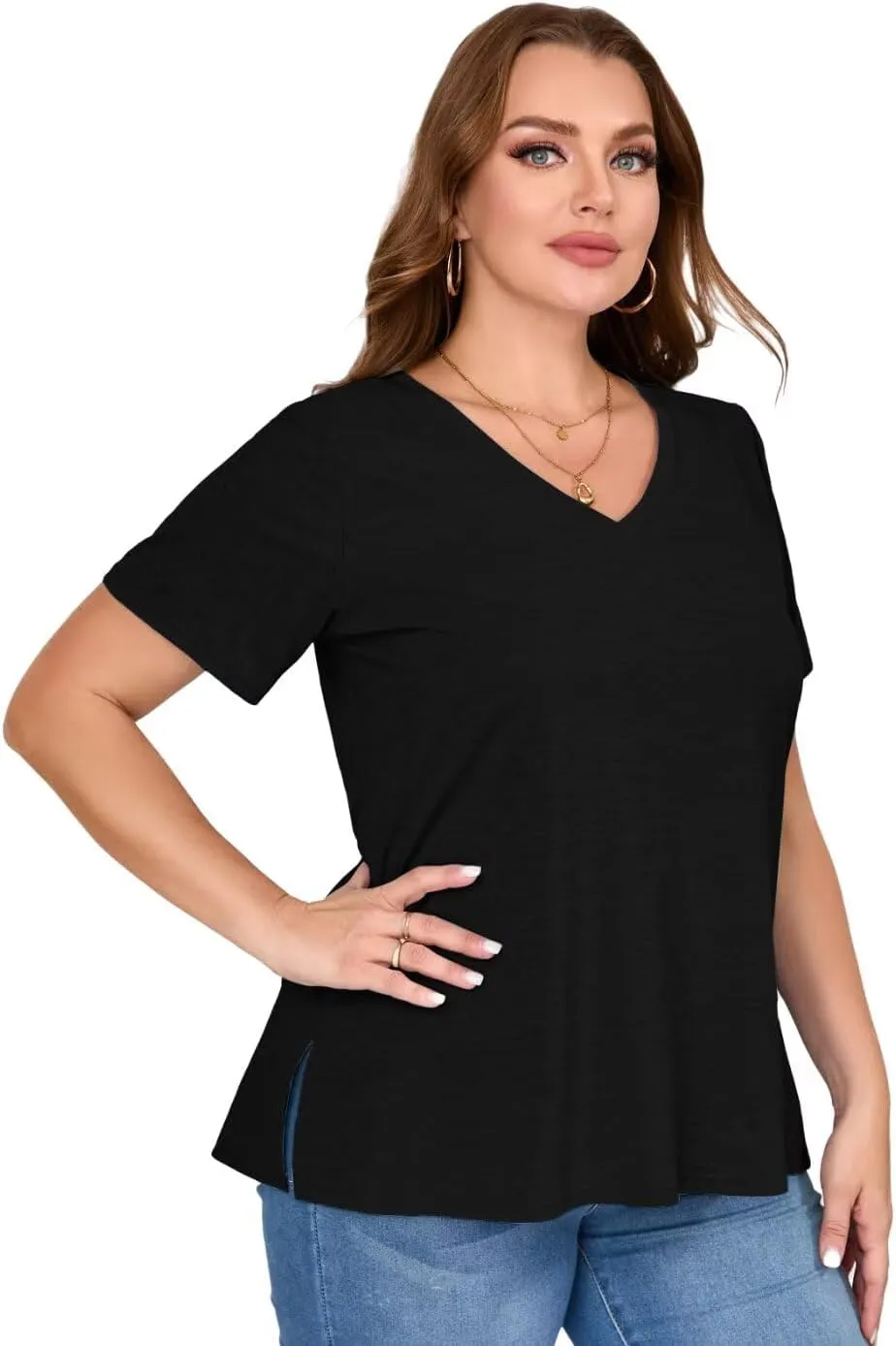 MONNURO Womens Plus Size Tops V-Neck Short Sleeve T Shirt Casual Loose Side Split Blouses
