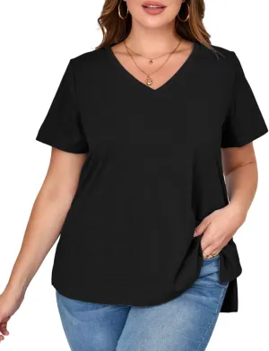 MONNURO Womens Plus Size Tops V-Neck Short Sleeve T Shirt Casual Loose Side Split Blouses