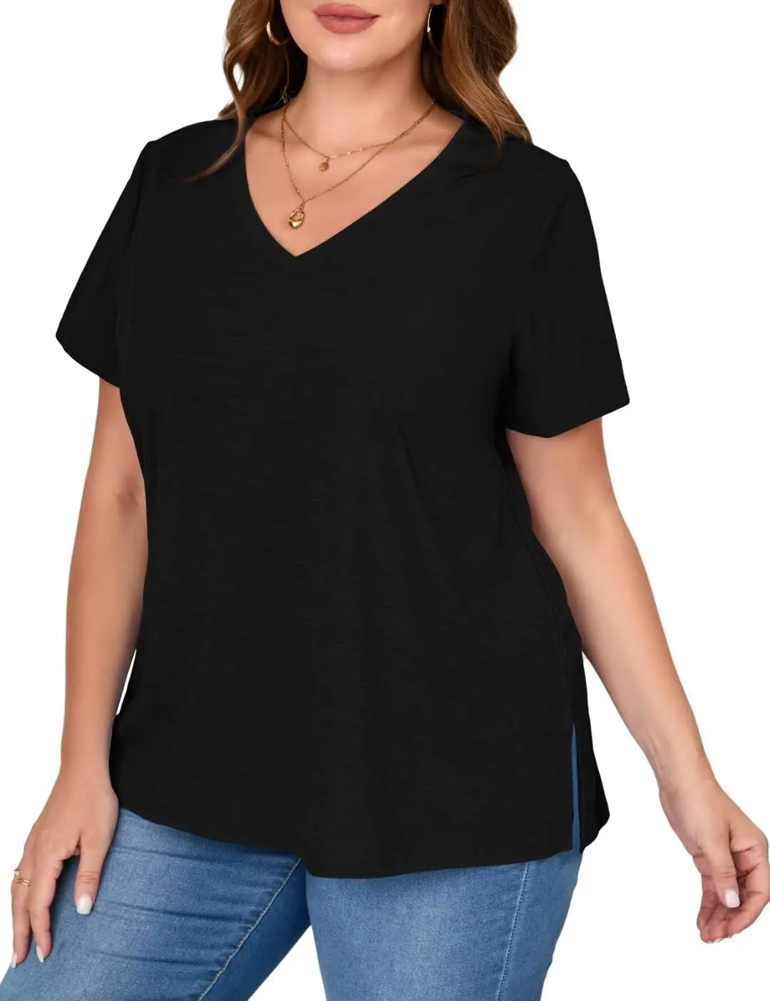 MONNURO Womens Plus Size Tops V-Neck Short Sleeve T Shirt Casual Loose Side Split Blouses