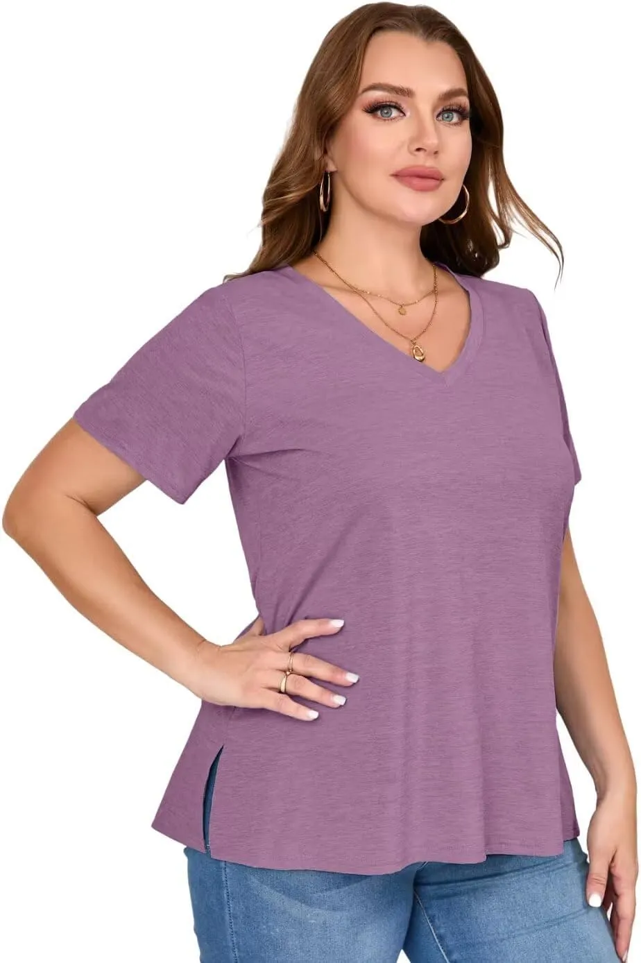 MONNURO Womens Plus Size Tops V-Neck Short Sleeve T Shirt Casual Loose Side Split Blouses