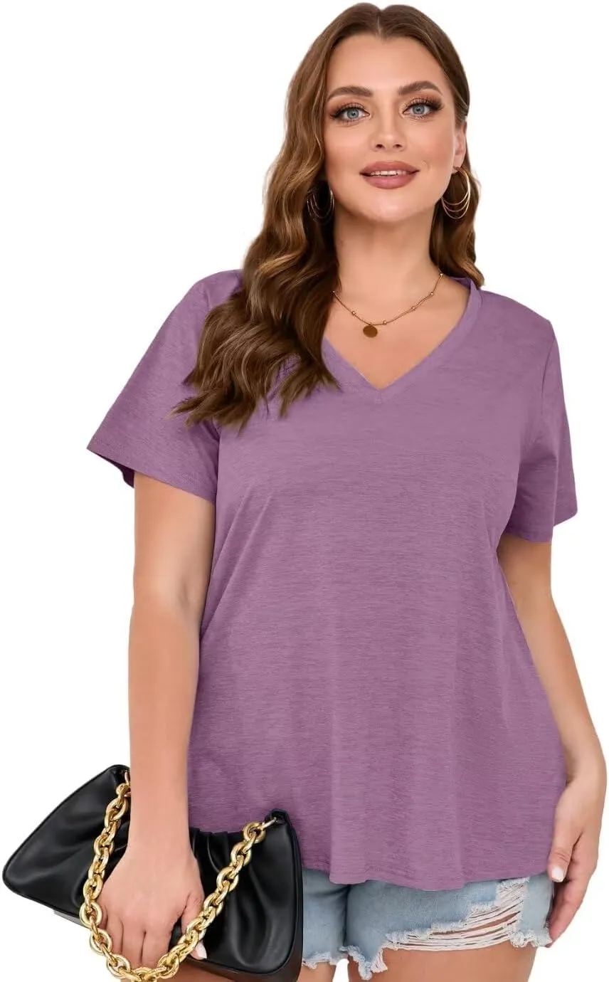 MONNURO Womens Plus Size Tops V-Neck Short Sleeve T Shirt Casual Loose Side Split Blouses