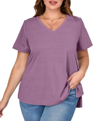 MONNURO Womens Plus Size Tops V-Neck Short Sleeve T Shirt Casual Loose Side Split Blouses