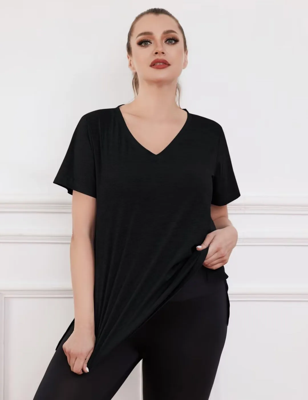 MONNURO Womens Plus Size Tops V-Neck Short Sleeve T Shirt Casual Loose Side Split Blouses