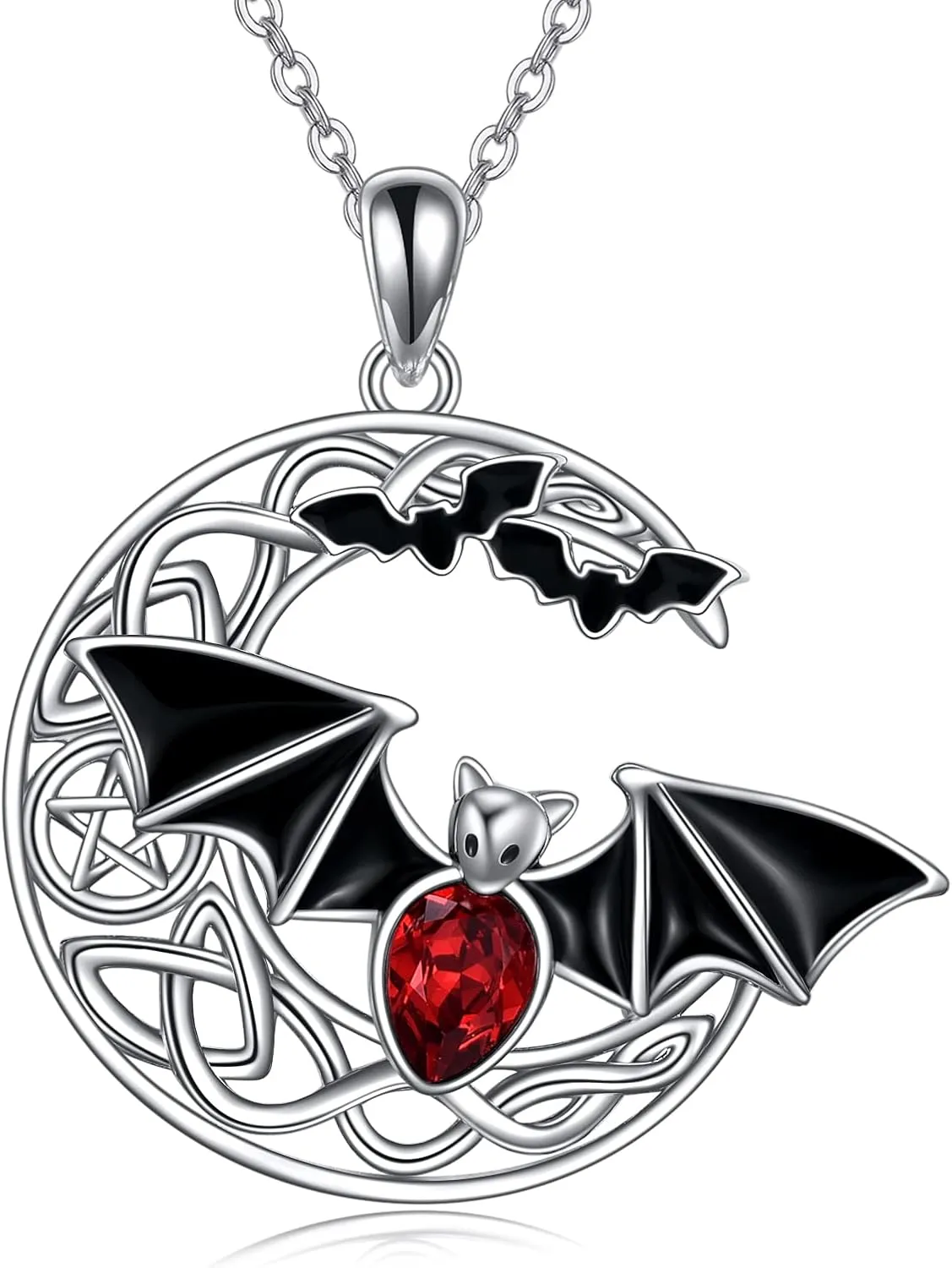 Moon Bat Necklace 925 Sterling silver Red Crystal Bat Jewelry for Women Pentagram Halloween Jewelry