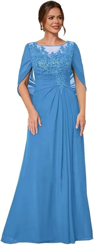Mother of The Bride Dresses for Wedding with Cape Long Lace Appliques Formal Dresses Chiffon Evening Gowns