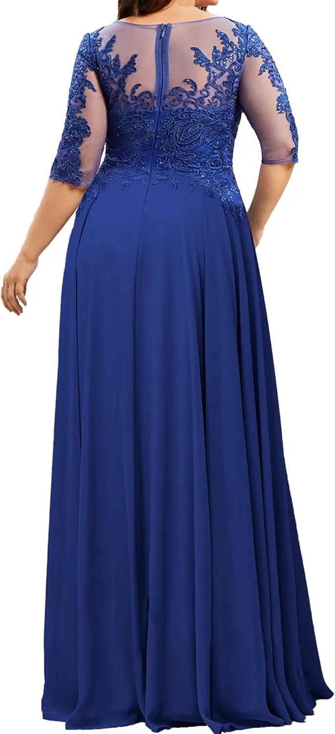 Mother of The Bride Dresses Long Plus Size with Sleeve Evening Formal Dresses Scoop Neck Chiffon Evening Gown