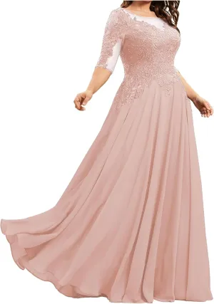 Mother of The Bride Dresses Long Plus Size with Sleeve Evening Formal Dresses Scoop Neck Chiffon Evening Gown