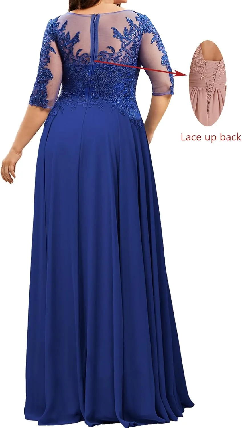 Mother of The Bride Dresses Long Plus Size with Sleeve Evening Formal Dresses Scoop Neck Chiffon Evening Gown