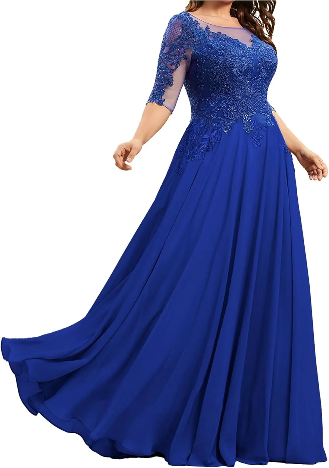 Mother of The Bride Dresses Long Plus Size with Sleeve Evening Formal Dresses Scoop Neck Chiffon Evening Gown