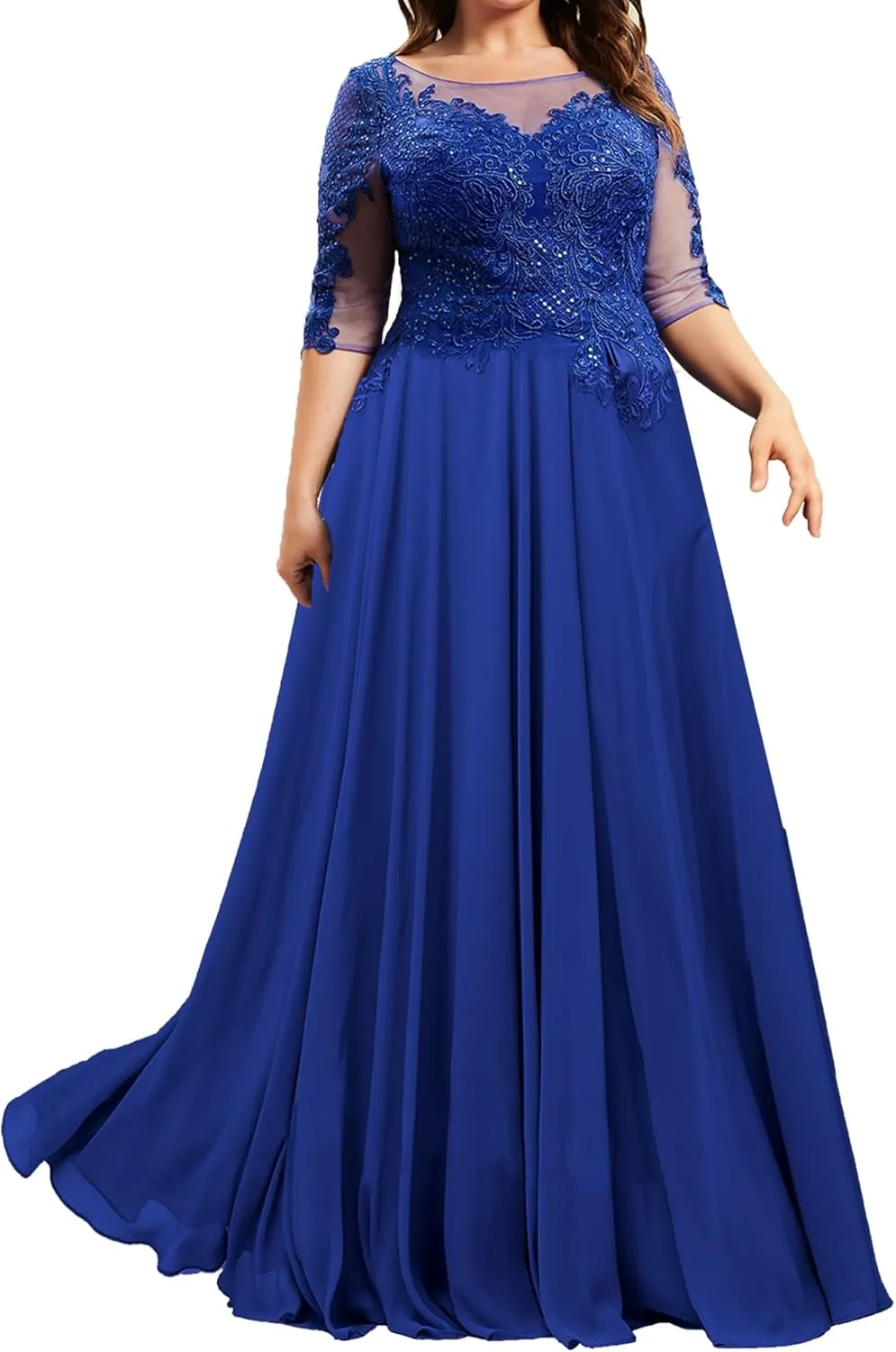 Mother of The Bride Dresses Long Plus Size with Sleeve Evening Formal Dresses Scoop Neck Chiffon Evening Gown