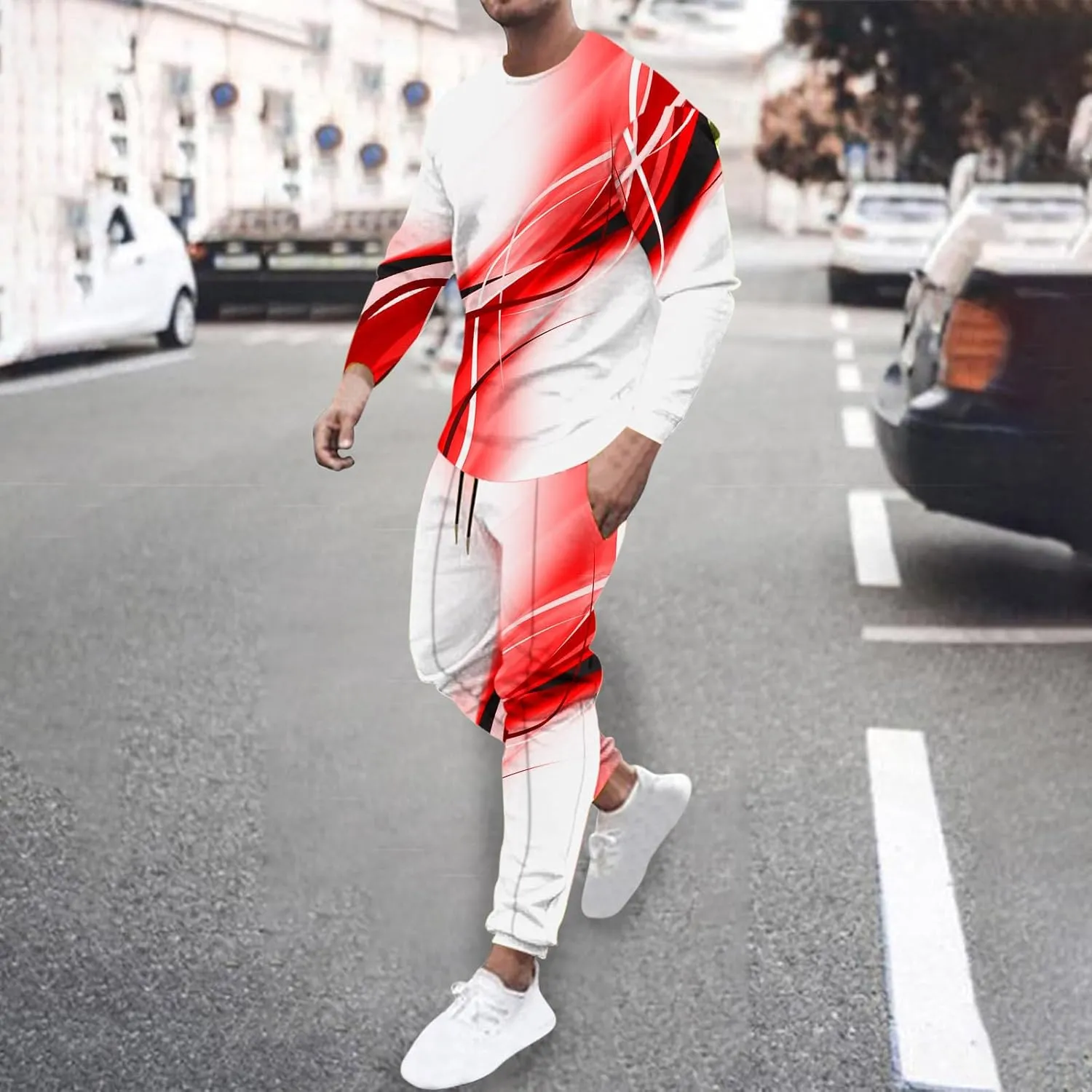 Muscularfit Men's Casual Active Tracksuits Sports Line Print Pullover Crewneck Sweatshirts Athletic Jogging 2 Piece Outfits
