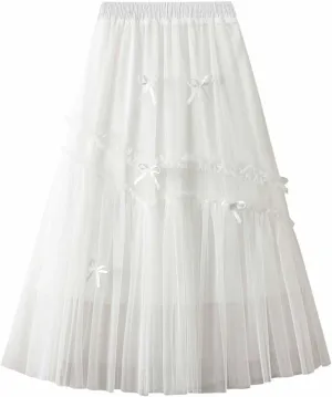 NATHGAM Womens Mesh Layered Midi Regular Tulle Skirts Summer High Waist Party Petticoat Skirt Lady Elegant Midi Pleated Skirt