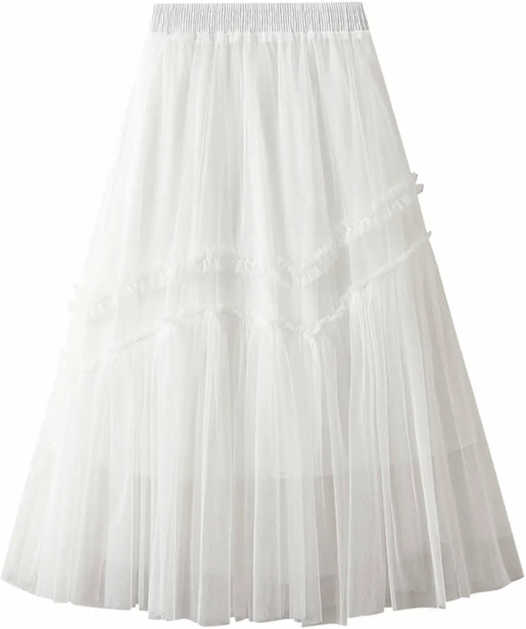 NATHGAM Womens Mesh Layered Midi Regular Tulle Skirts Summer High Waist Party Petticoat Skirt Lady Elegant Midi Pleated Skirt