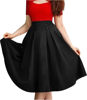 NATHGAM Womens Plaid Skirt Retro High Waist Pleated Skirt with Pockets Button Decoration Plus Size Skirt Victorian Midi Skirt