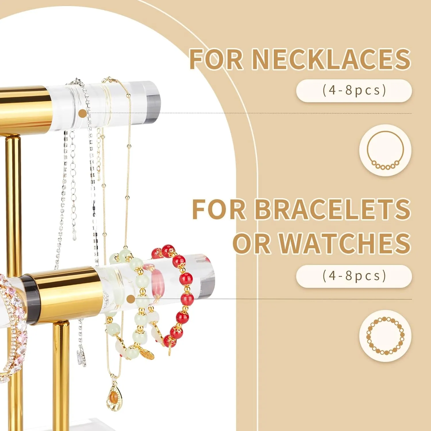 Necklace Holder Bracelet Holder, 2-Tier Acrylic Jewelry Display Stand Gold Jewelry Tower Stand Crystal T Bar Jewelry Organizer Gift for Women(2-Tier 1pc)