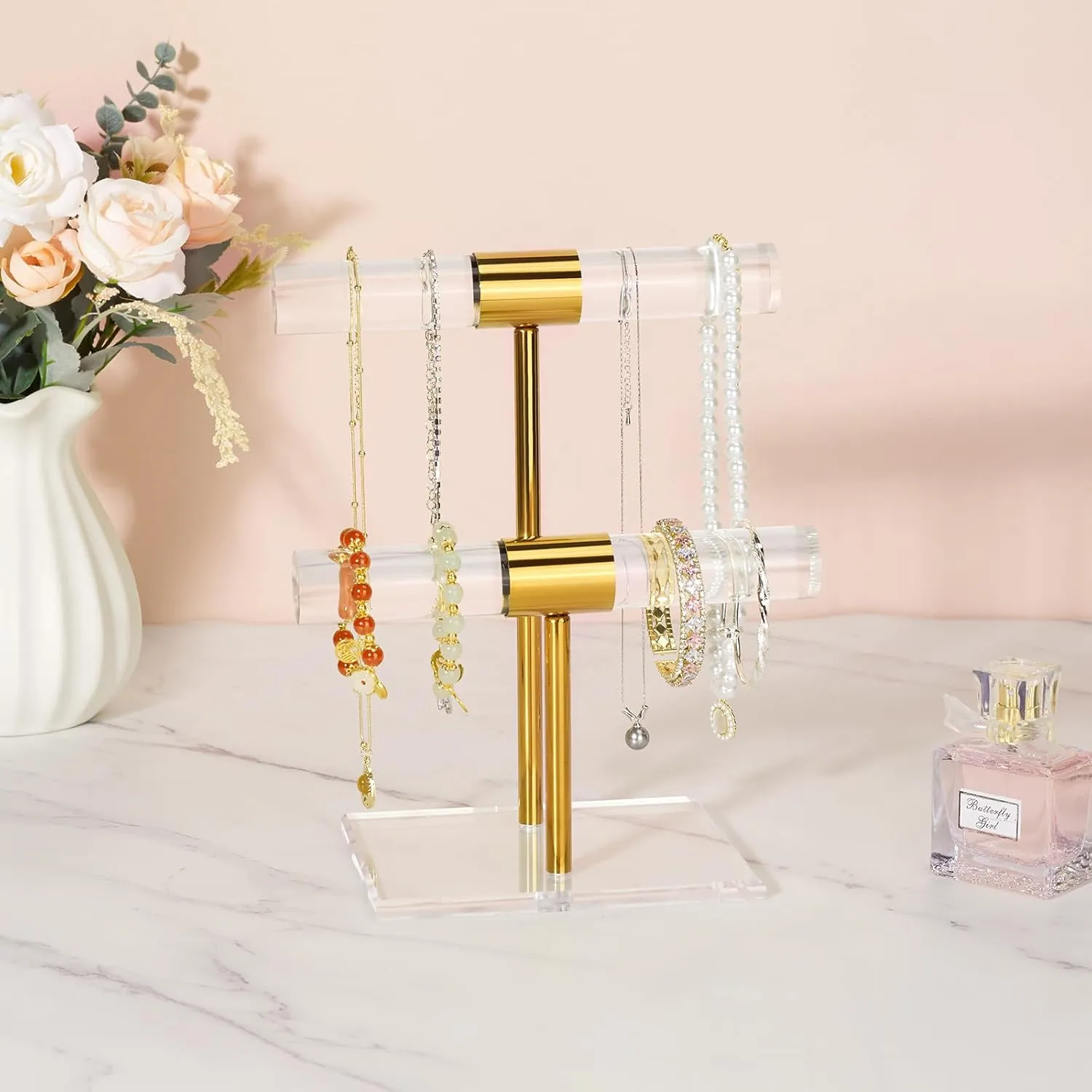 Necklace Holder Bracelet Holder, 2-Tier Acrylic Jewelry Display Stand Gold Jewelry Tower Stand Crystal T Bar Jewelry Organizer Gift for Women(2-Tier 1pc)