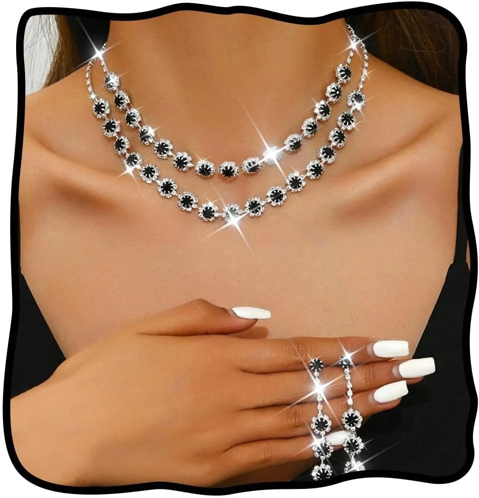 Nicute Crystal Jewelry Set for Women Rhinestone Necklace and Earrings Set Sparkly Wedding Dress Jewelry