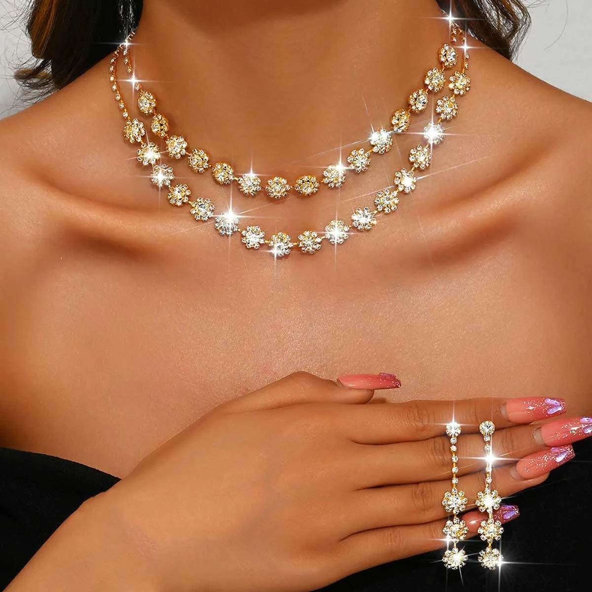 Nicute Crystal Jewelry Set for Women Rhinestone Necklace and Earrings Set Sparkly Wedding Dress Jewelry